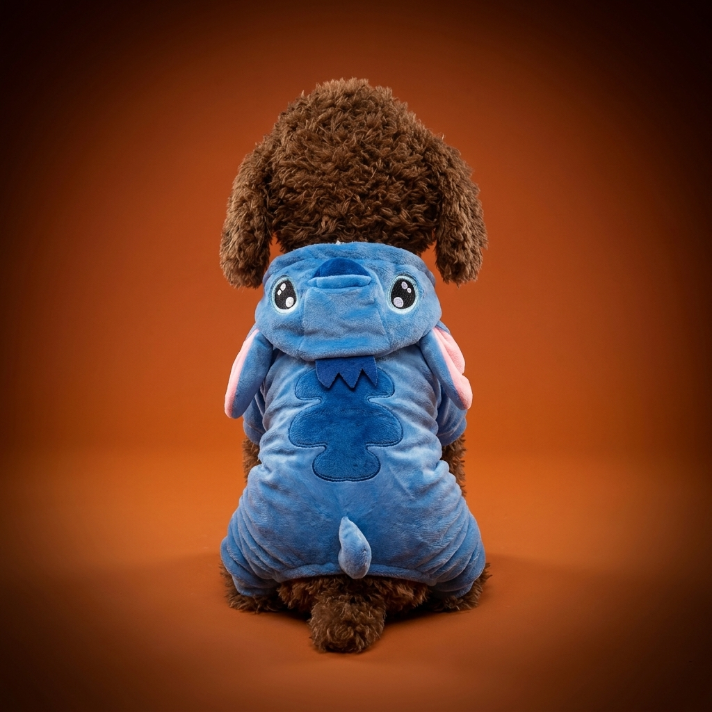 Blue Alien Suit dog costume on branded orange studio backdrop