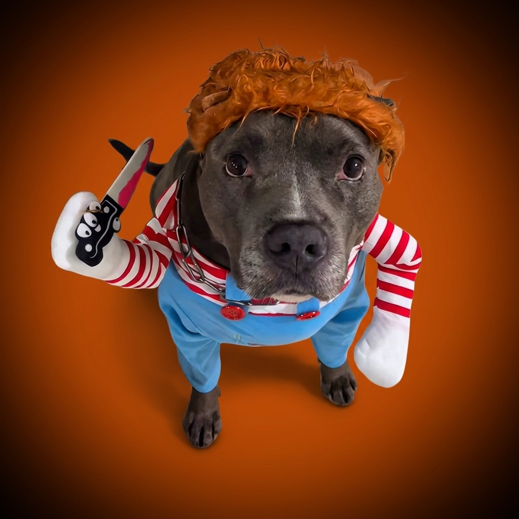 Killer Doll Suit dog costume on branded orange studio backdrop