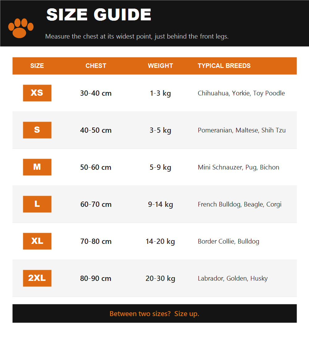 SPOOKY PAWS size guide - chest measurement chart S to 2XL